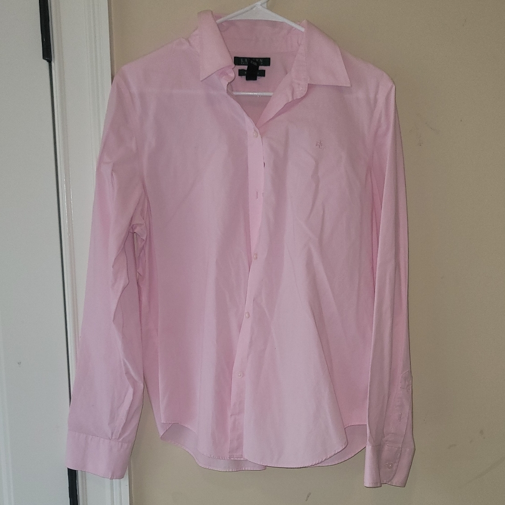 Ralph Lauren Light Pink Cotton Logo Long Sleeve Button Down Top Shirt
